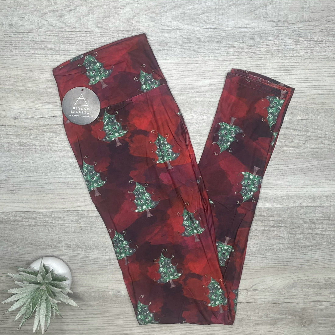 Classic Christmas Tree Print Burgundy Wine Leggings