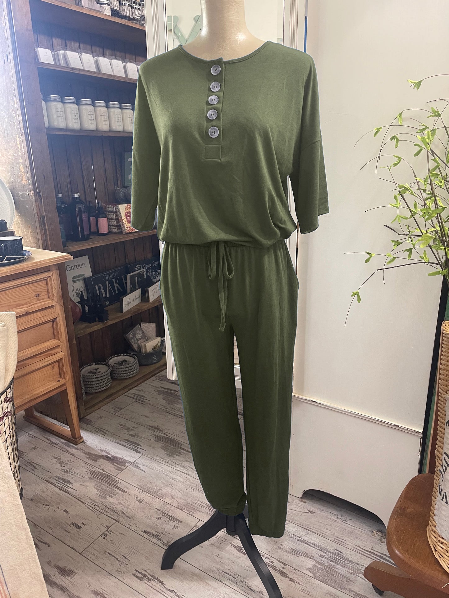 Olive Half Sleeve Button Down Jogger Jumpsuit w/ Pockets