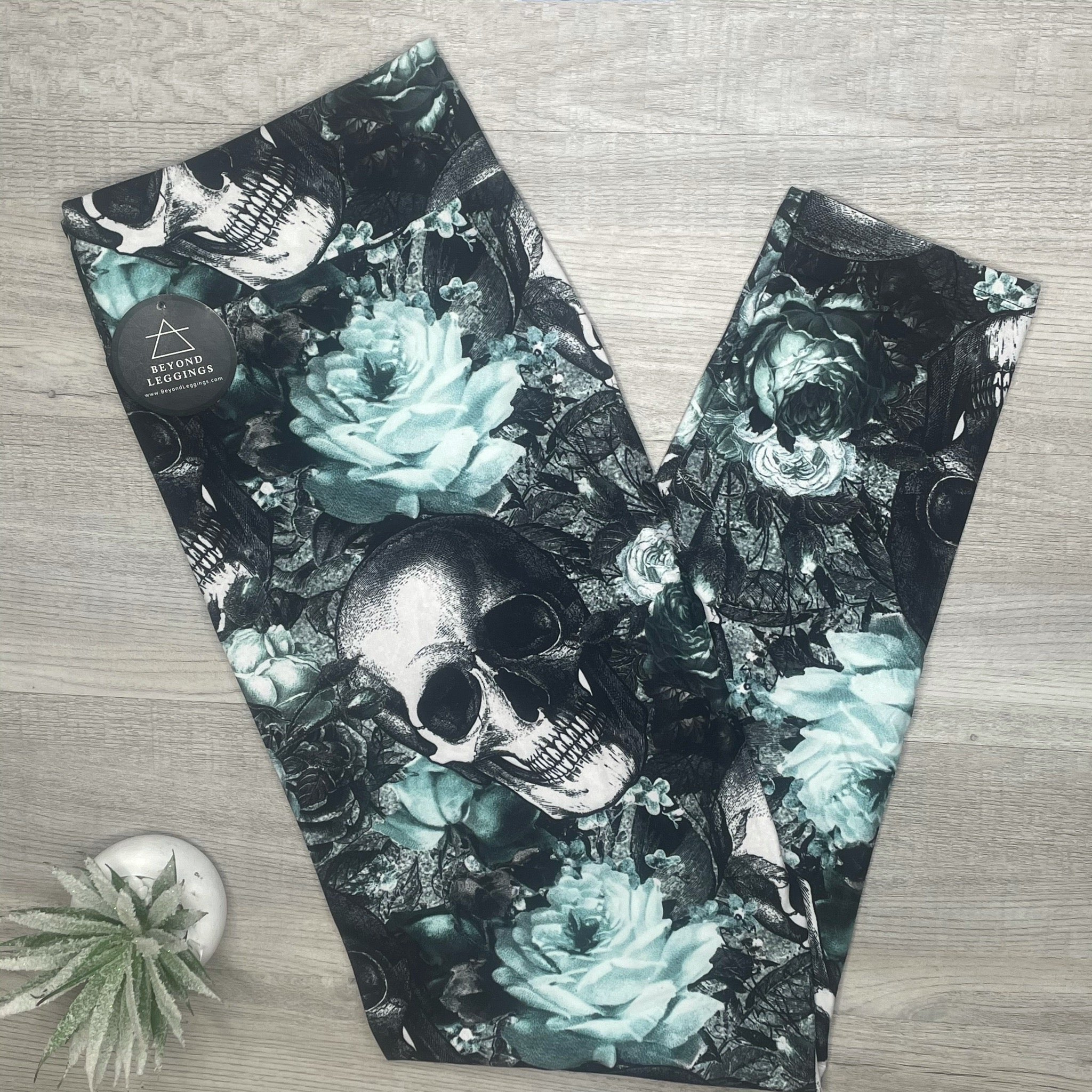 Etched Mint Lotus Flower Skull Print Leggings