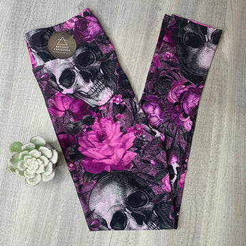 Etched Purple Lotus Flower Skull Print Leggings