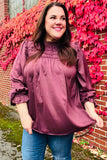 Be Your Best Wine Satin Shirred Yoke Frilled Mock Neck Top