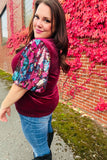 Diva Dreams Wine Floral Sequin Puff Sleeve Velvet Top