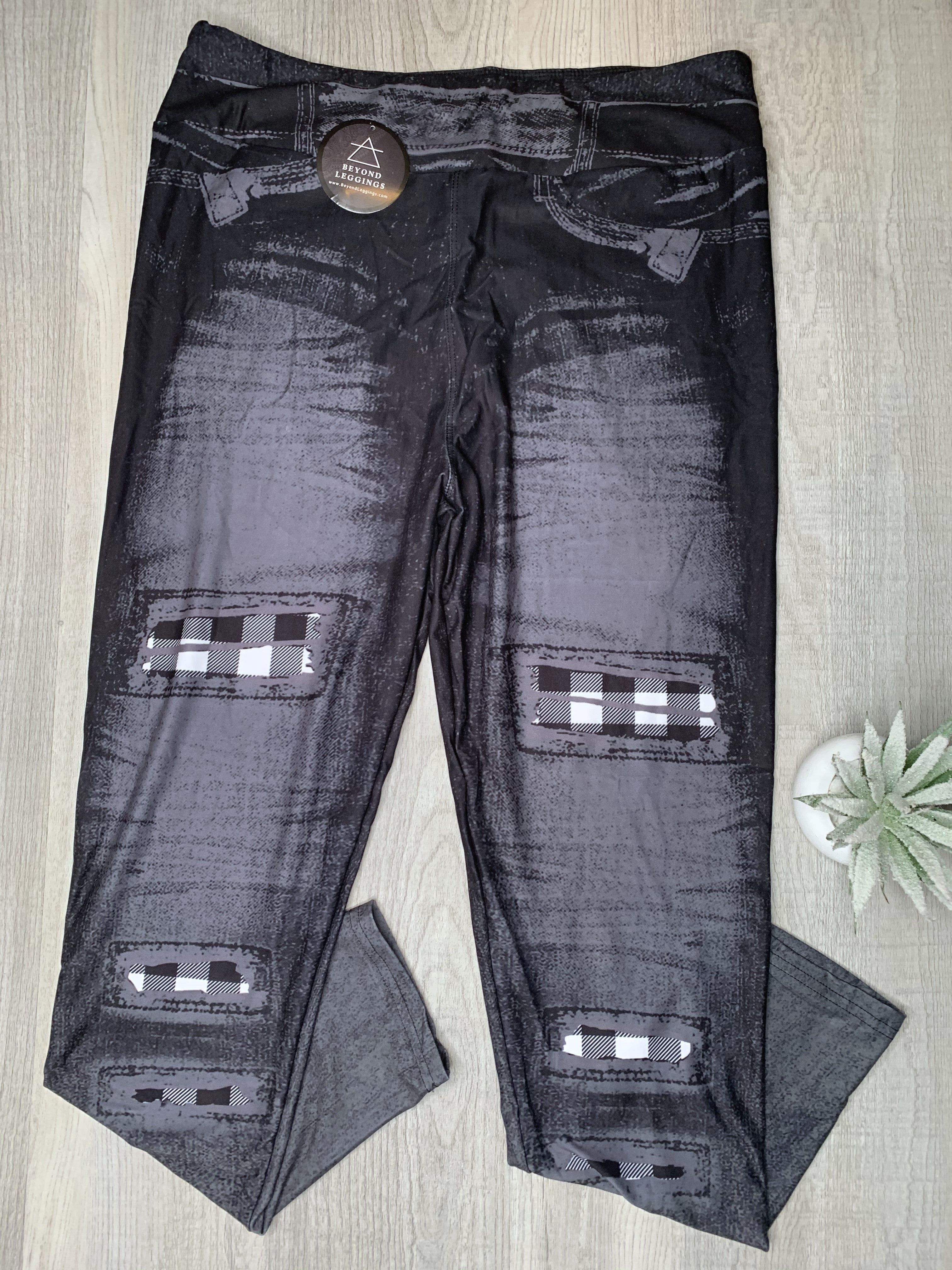 Black & White Plaid Peekaboo Patch Denim-Style Print Leggings with Functional Back Pockets
