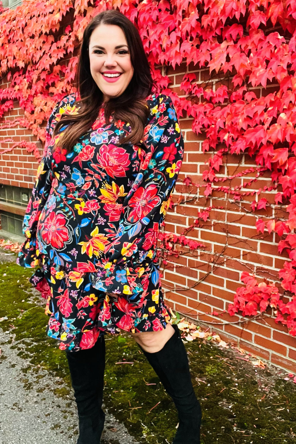 Lock Eyes Black Floral Sequin Print Ruffle Sleeve Frill Mock Neck Dress