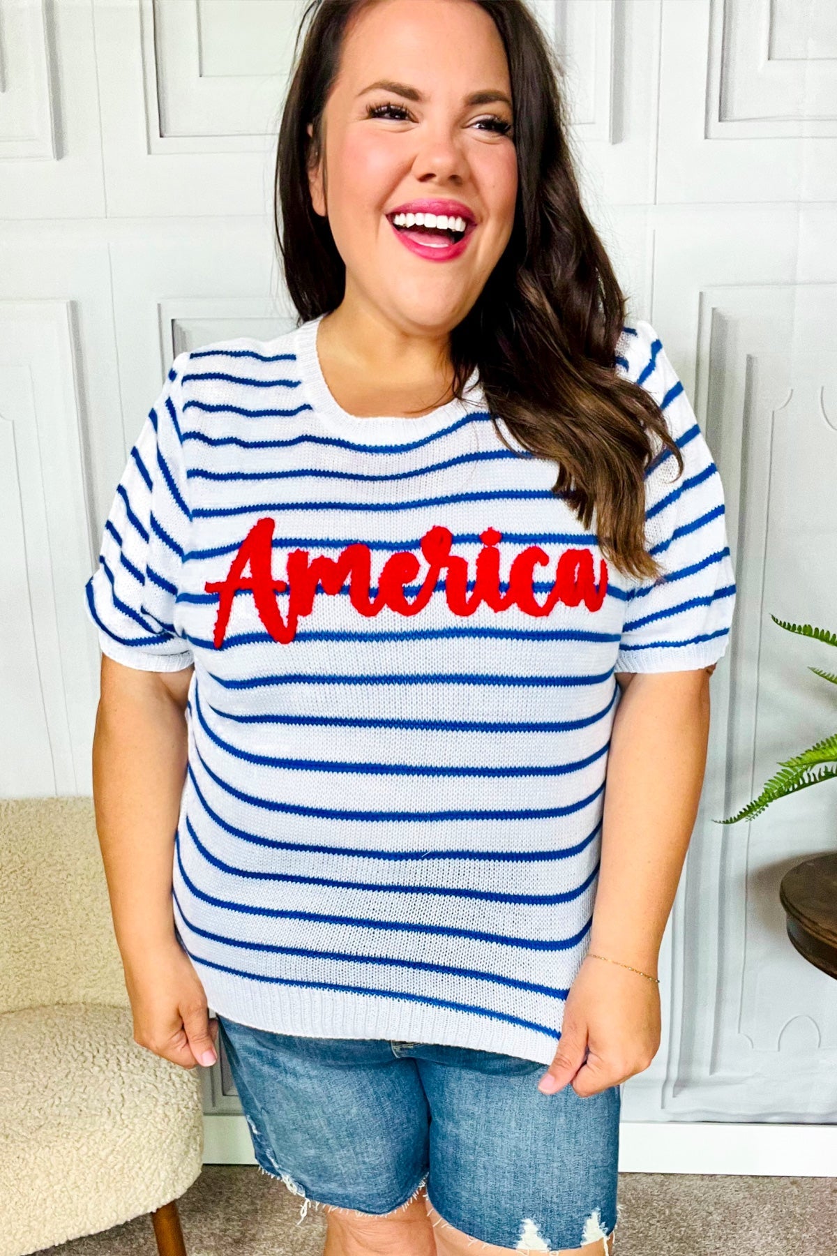 America Proud Blue Striped Embroidered Puff Sleeve Top