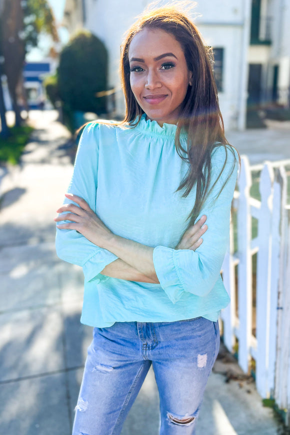 Elegant You Mint Frill Neck Back Button Ruffle Sleeve Blouse