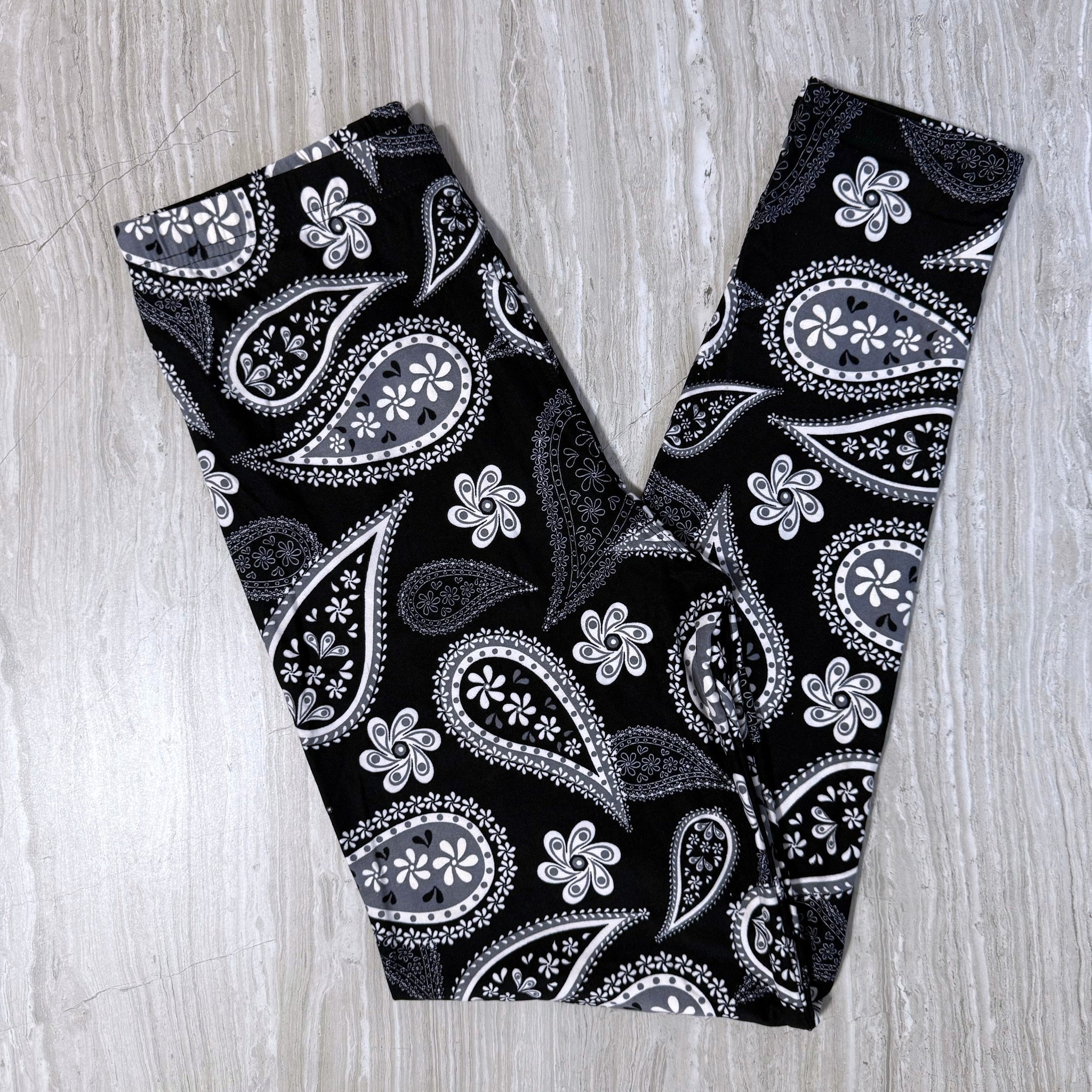 White & Gray Large Paisley Print on Black Leggings