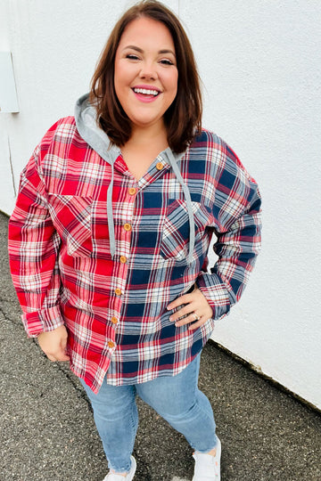 Red & Navy Plaid Color Block Hoodie Shacket