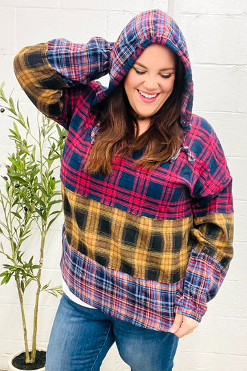 Holiday Ready Red & Mustard Plaid Notched Neck Flannel Hoodie