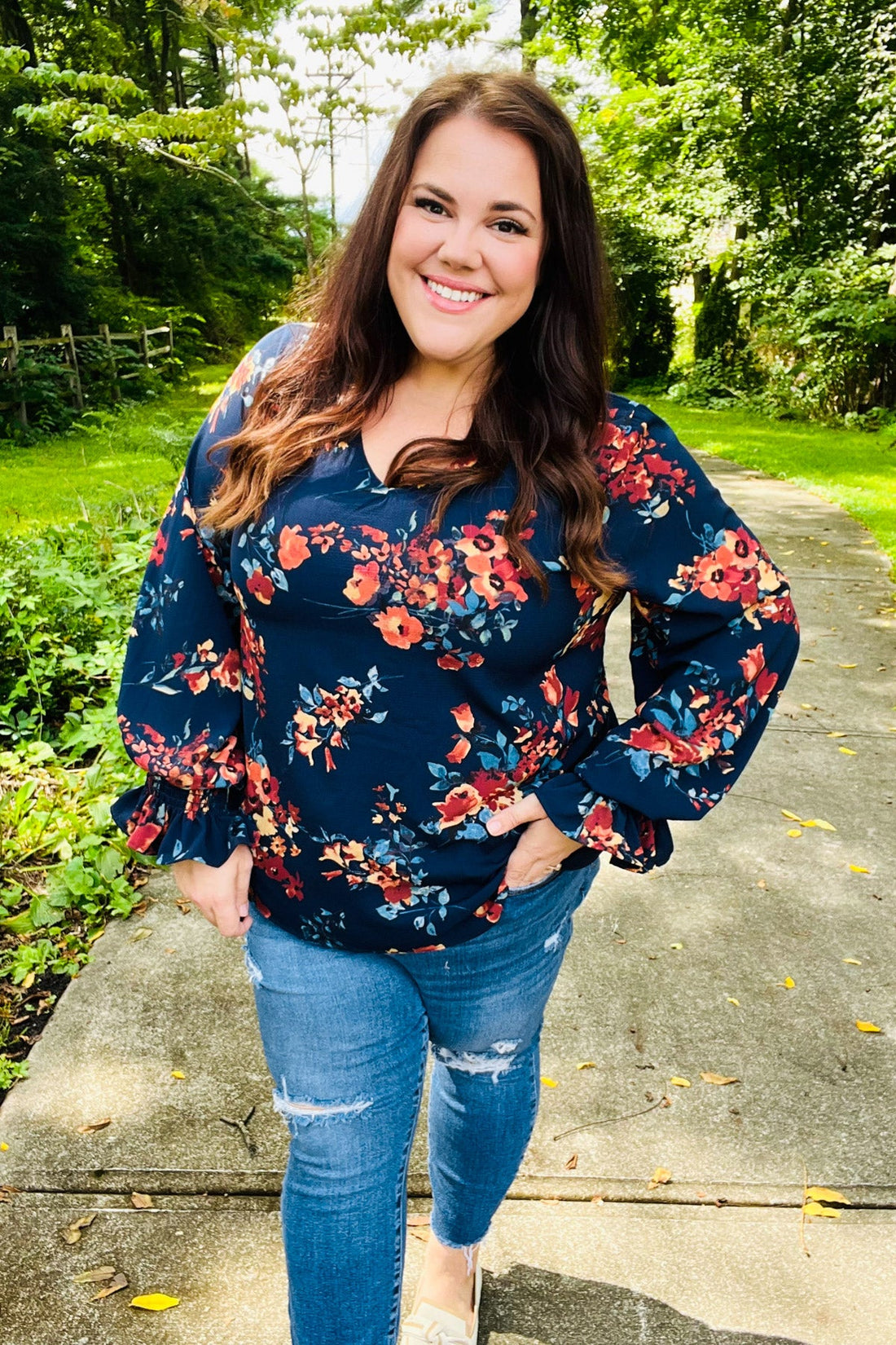 Lovely In Navy Floral Print Smocked Bubble Sleeve Woven Top