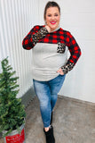 All Of Me Grey & Red Plaid Animal Print Pocketed Top