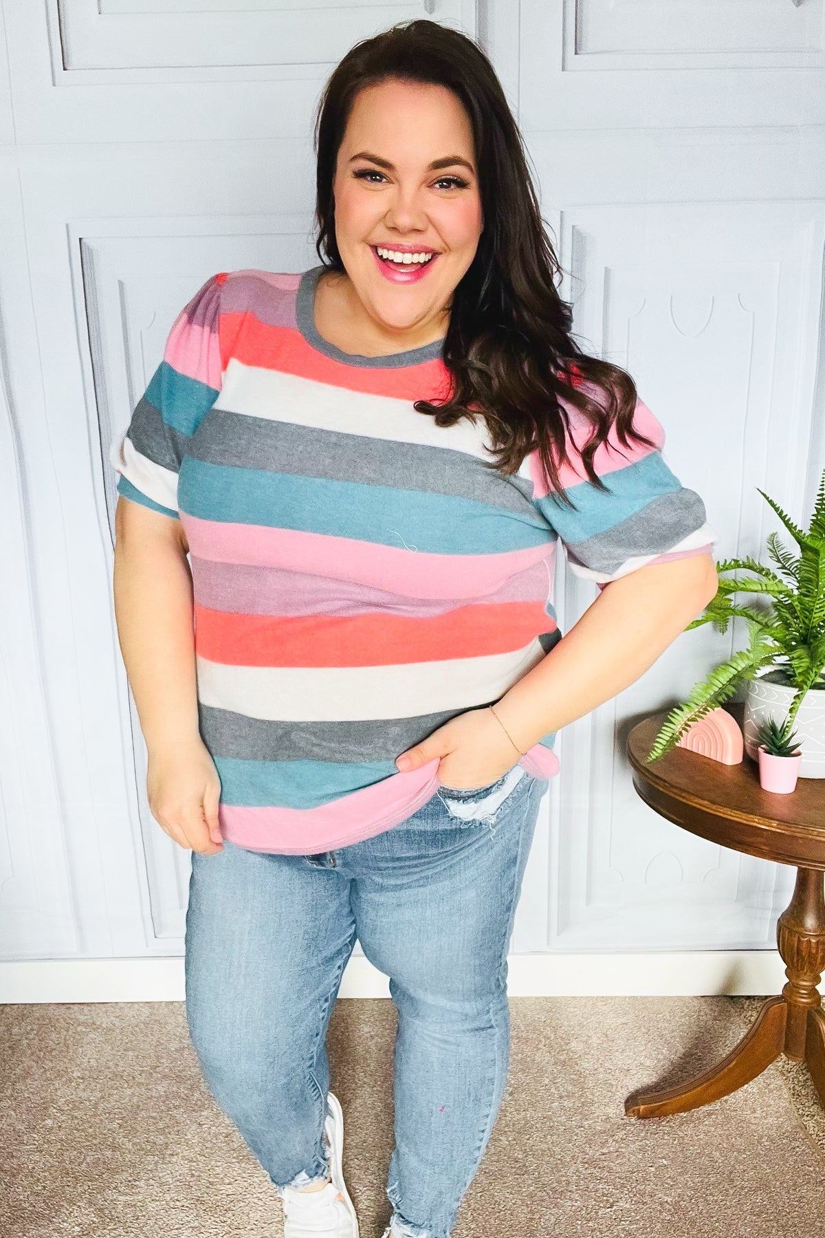 Look Out Teal & Rose Striped Hacci Knit Puff Sleeve Top