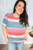 Look Out Teal & Rose Striped Hacci Knit Puff Sleeve Top