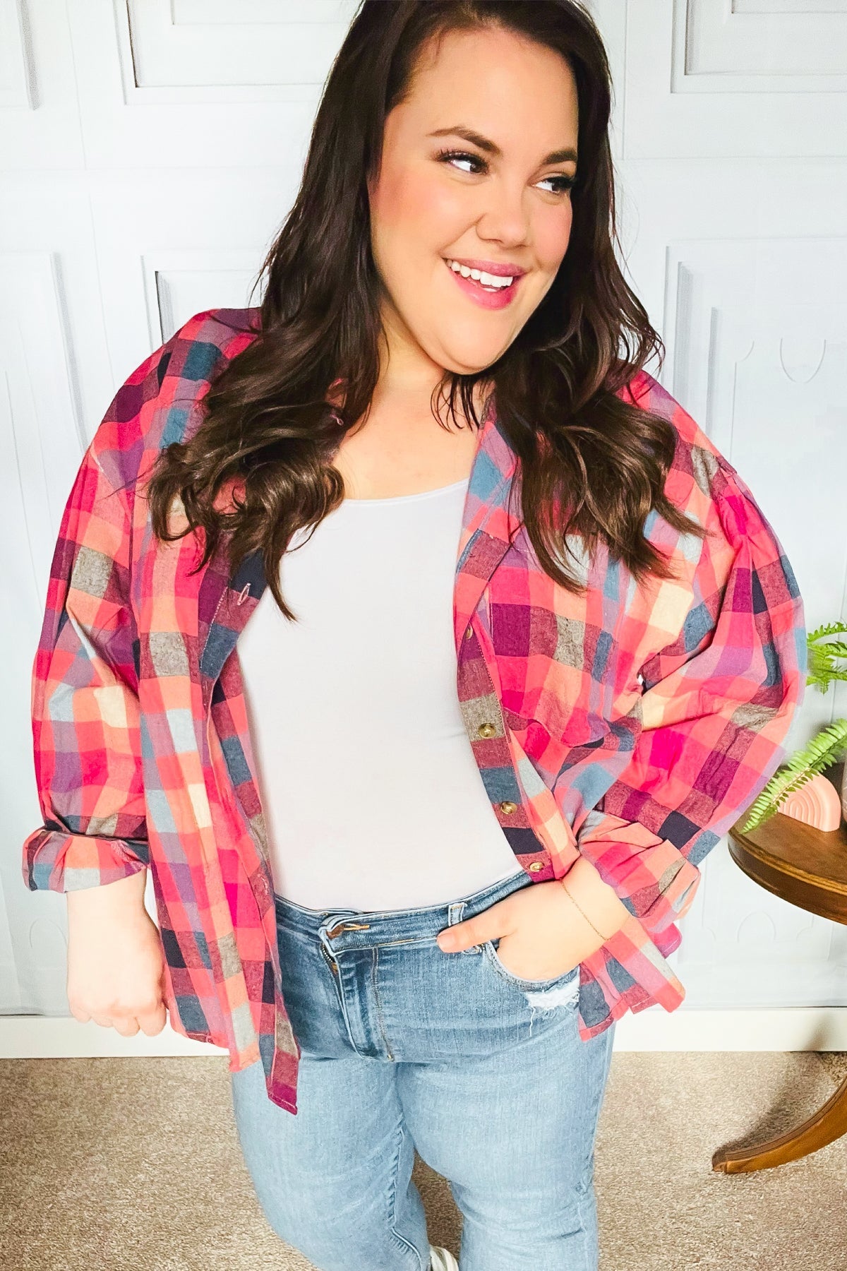 Check It Out Mauve Washed Plaid Button Up Top