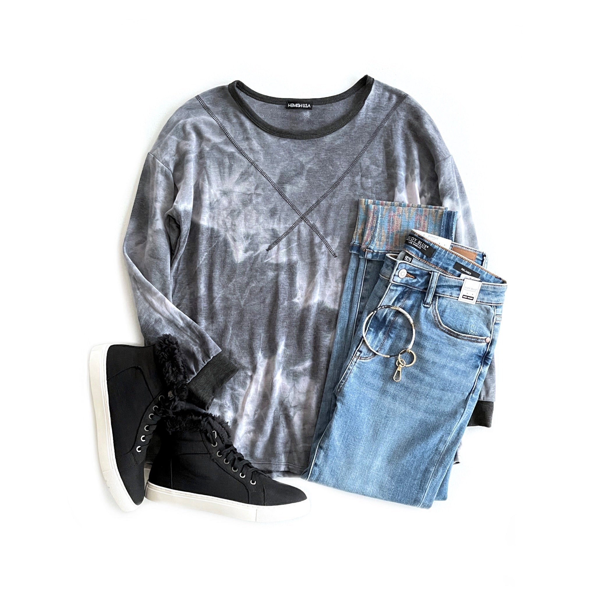 Charcoal Tie-Dye Long Sleeve Top - Cozy with Accent Cuffs and Neckline