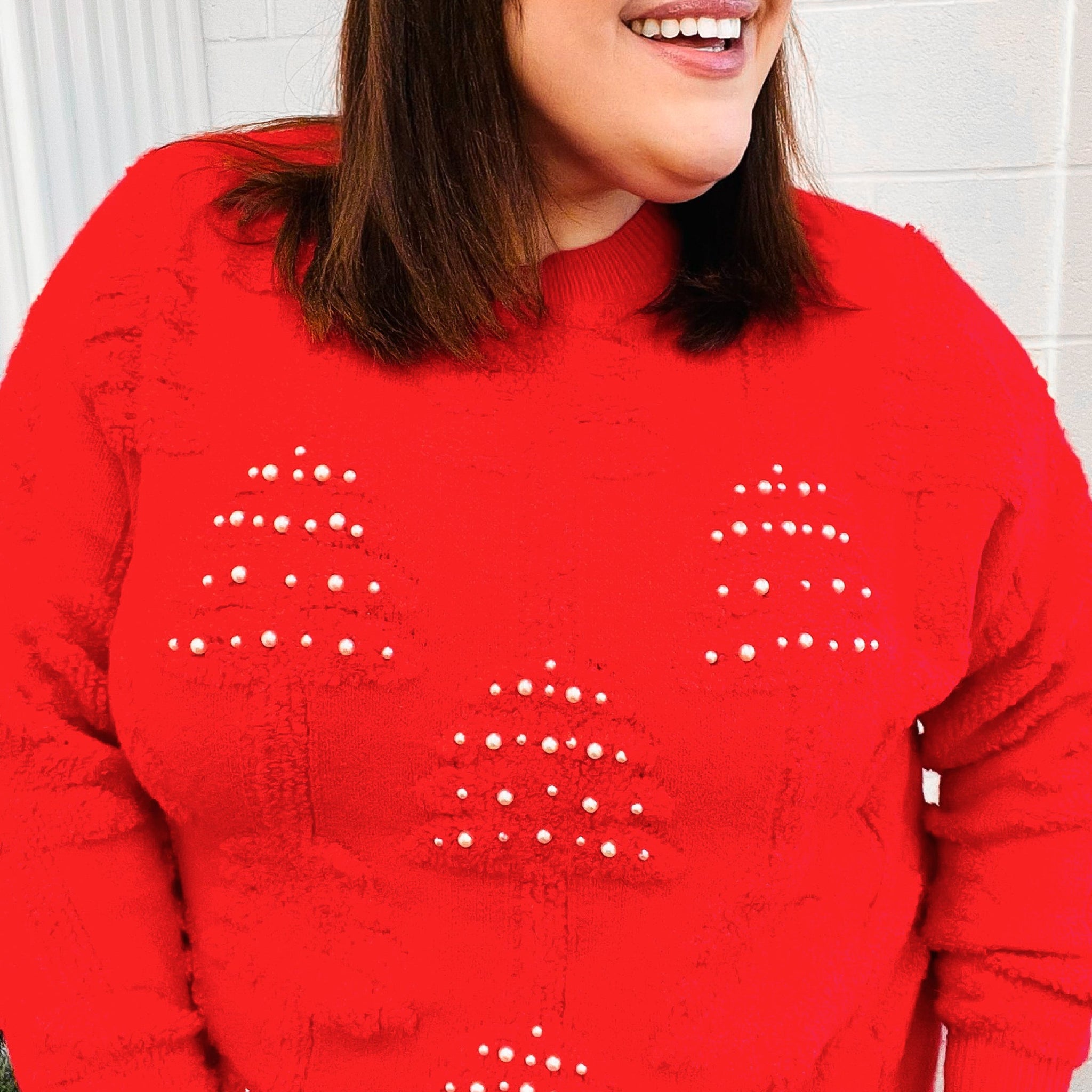 More The Merrier Red Pearl Christmas Tree Jacquard Sweater