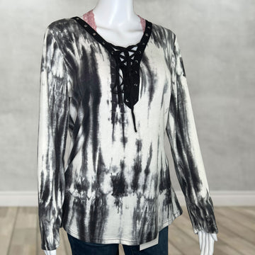 Dramatic Black and Ivory Lace-Up V-Neck Top - Long Sleeve Tie-Dye Statement