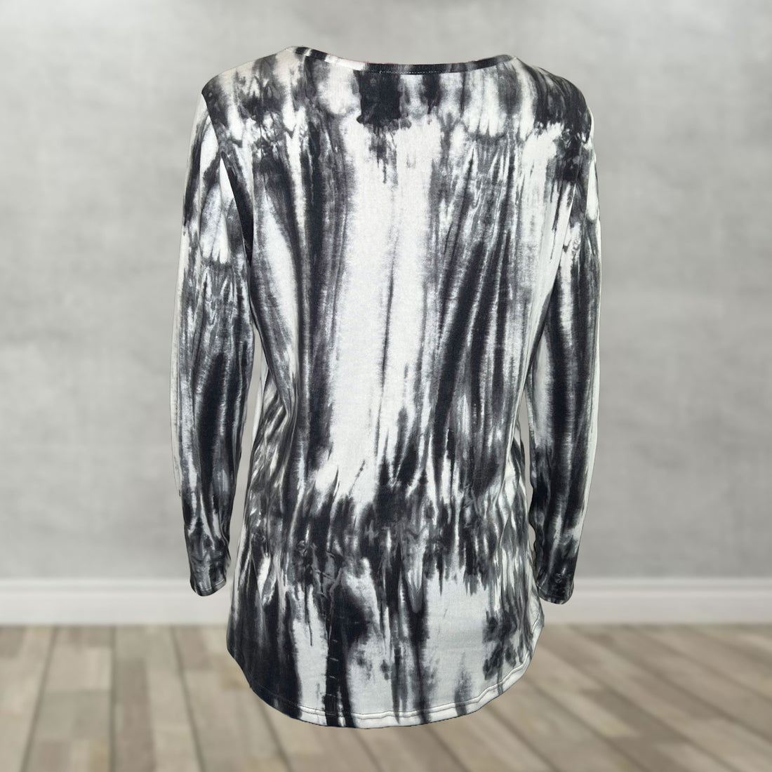 Dramatic Black and Ivory Lace-Up V-Neck Top - Long Sleeve Tie-Dye Statement