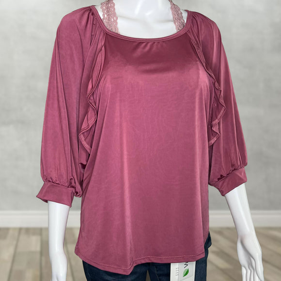 Elegant Mauve Ruffle Detail Top - Half Sleeve Relaxed Fit Blouse