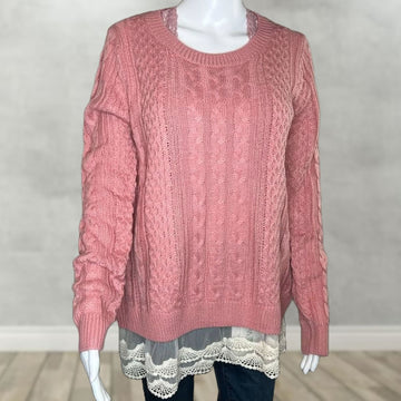 Crochet Lace Detail Pink Cable Sweater