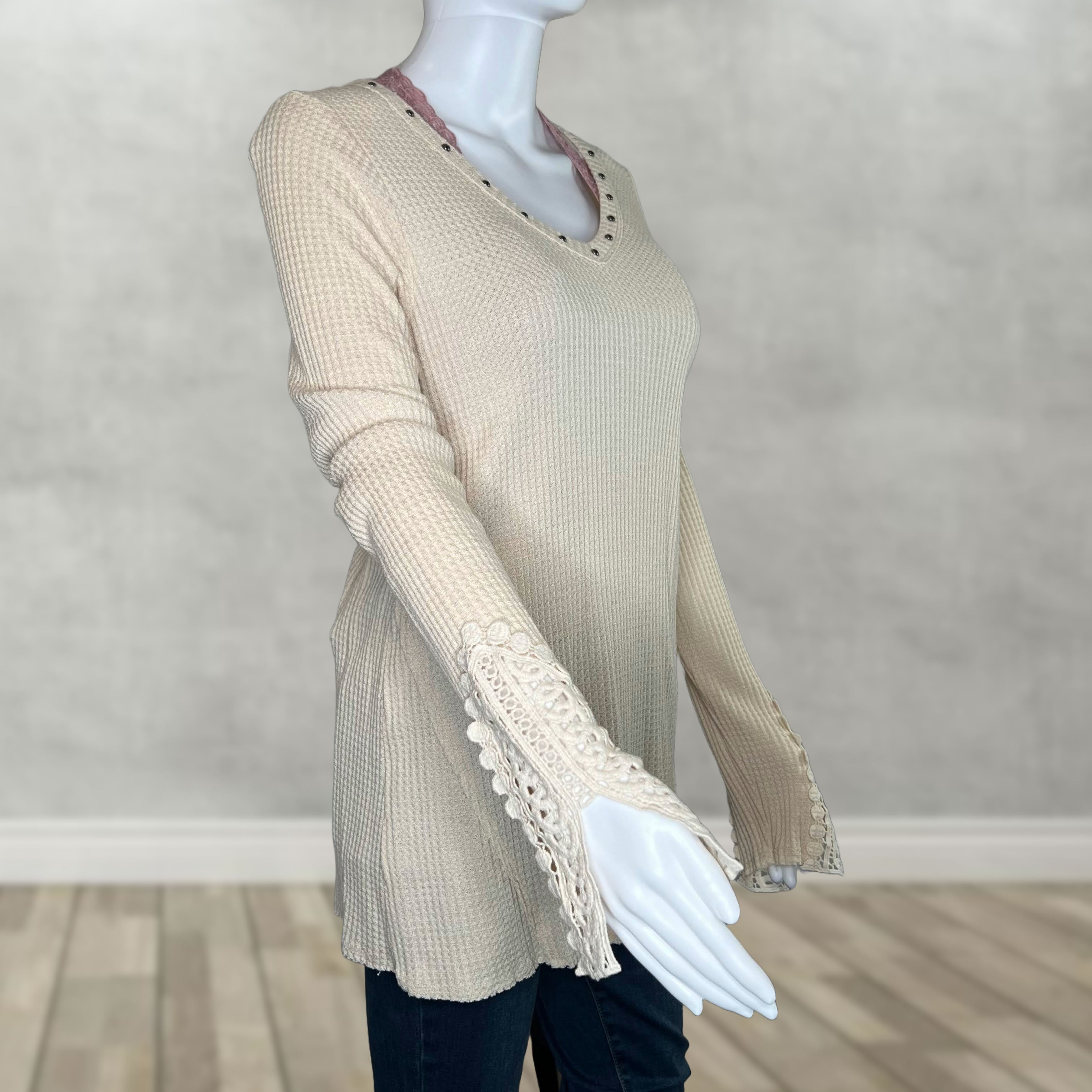 Vocal Crochet Brushed Waffle Studded Top