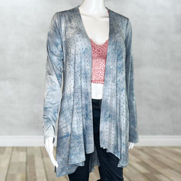 Vocal Women's Light Blue Tie Dye Crystal-Studded Cardigan - Versatile Open Front Design for Casual and Special Occasions