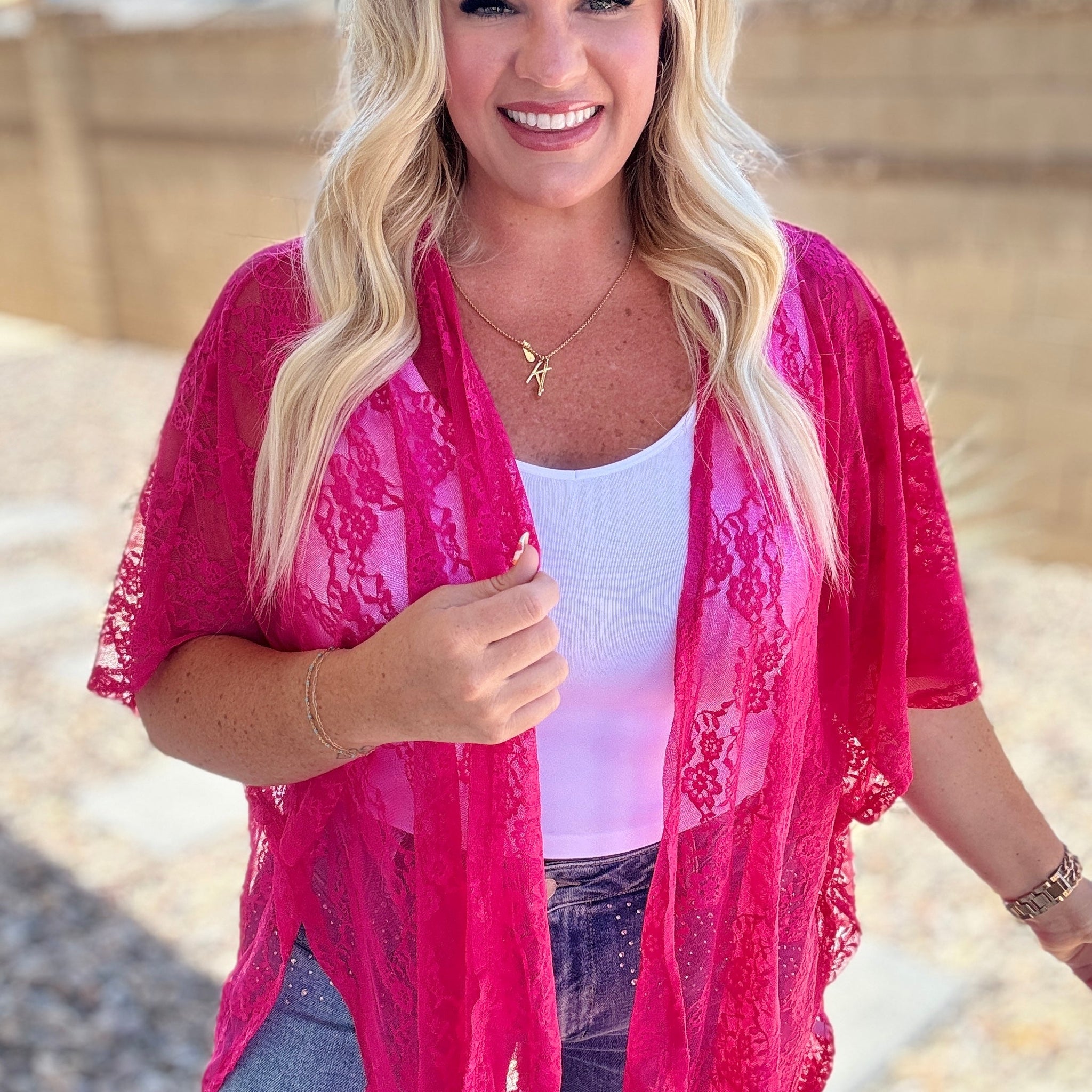 Good Days Ahead Lace Kimono In Fuchsia