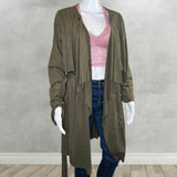 Army Green Vegan Suede Waterfall Trench Coat w/ Tie - SUPER SOFT!