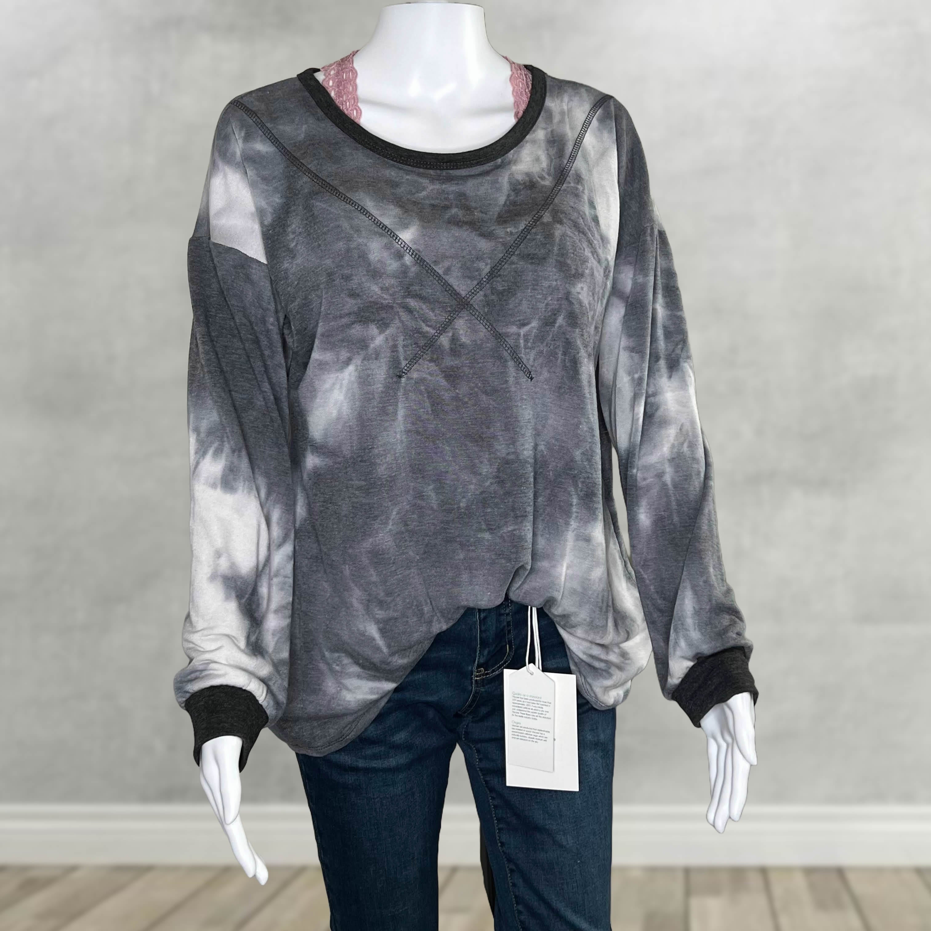 Charcoal Tie-Dye Long Sleeve Top - Cozy with Accent Cuffs and Neckline