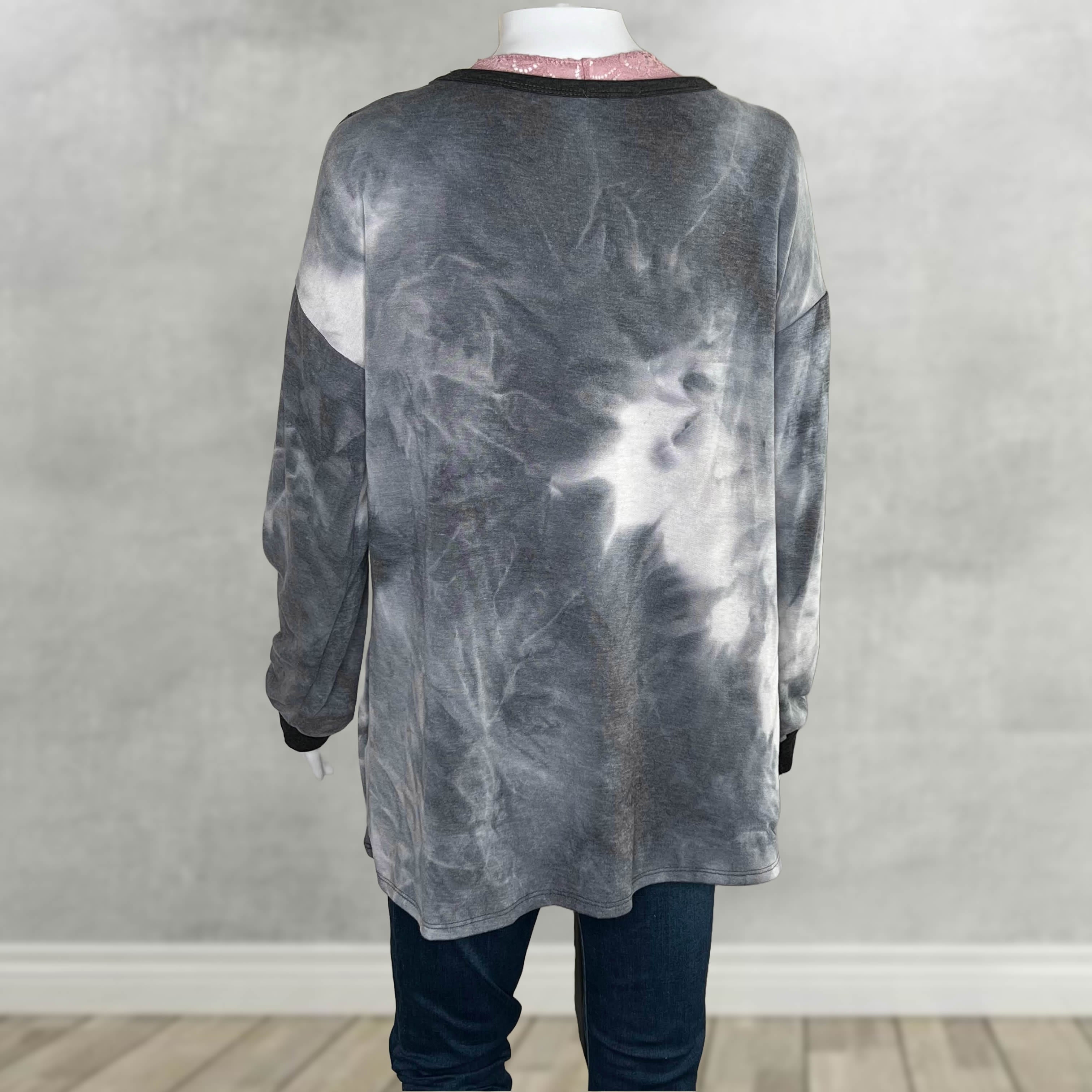 Charcoal Tie-Dye Long Sleeve Top - Cozy with Accent Cuffs and Neckline