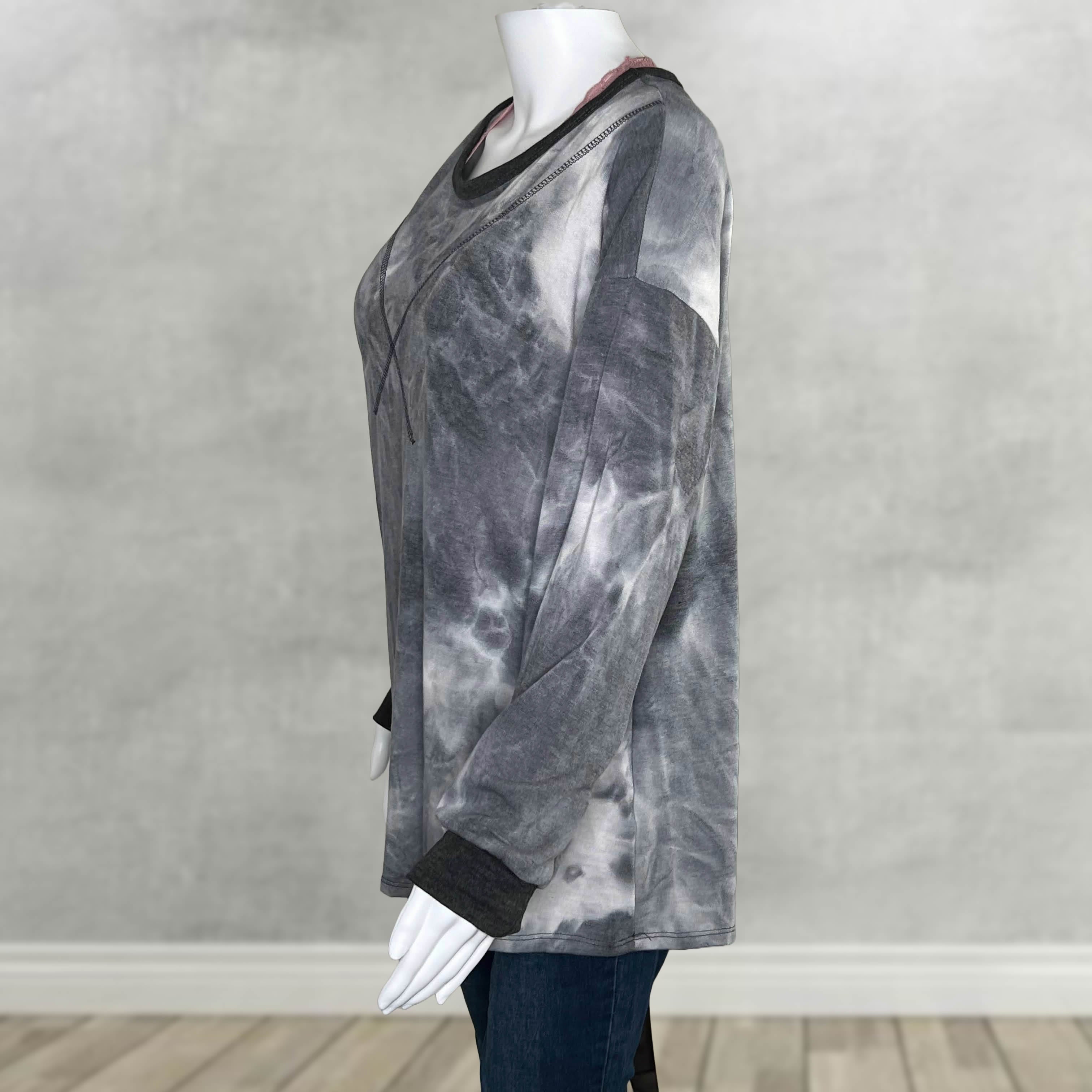 Charcoal Tie-Dye Long Sleeve Top - Cozy with Accent Cuffs and Neckline