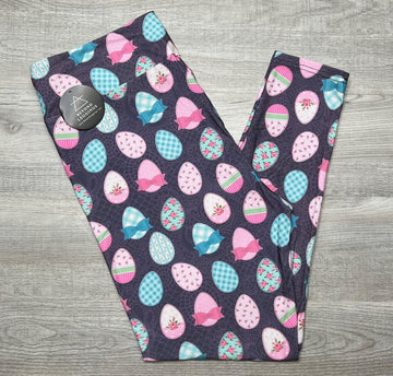 Adorable Easter Eggs on Purple Lace Print Leggings - Extra Soft!