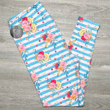 Sweet Flowers on Teal Blue & Baby Pink Striped Print Full Length Leggings
