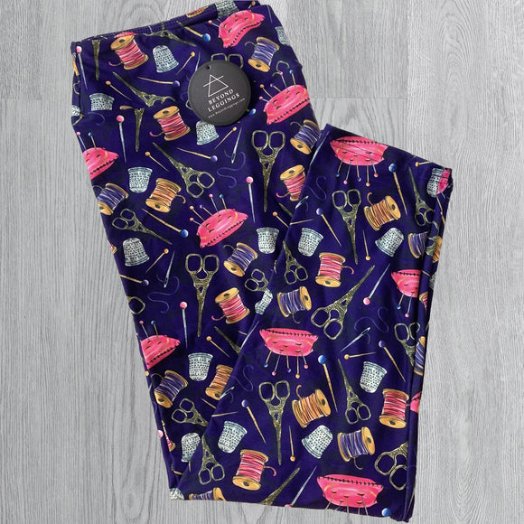 Seamstress Delight Print Purple Capri Leggings - Craft & Sewing Inspired Fashion - Comfortable, Artistic Legwear