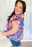 Tropical Vibes Blue & Pink Mock Neck Flutter Sleeve Top