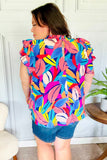 Tropical Vibes Blue & Pink Mock Neck Flutter Sleeve Top
