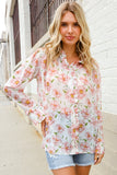 The Feminine Touch Chiffon Button-Down Floral Ruffle Sleeve Blouse