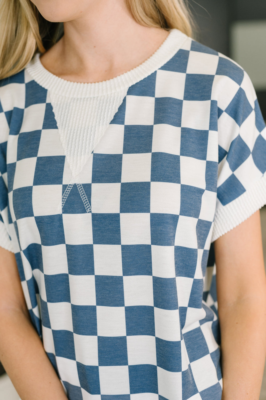 I've Been Everywhere Crew Neck Checkered Top in Blue