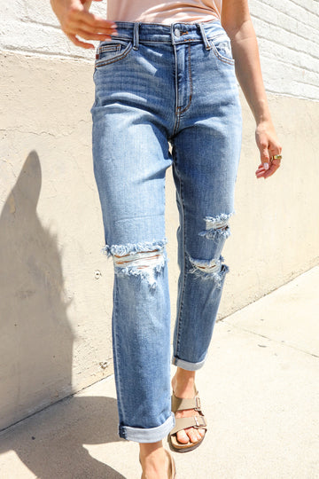 Judy Blue High-Rise Boyfriend Cuffed Hem Distressed Jeans