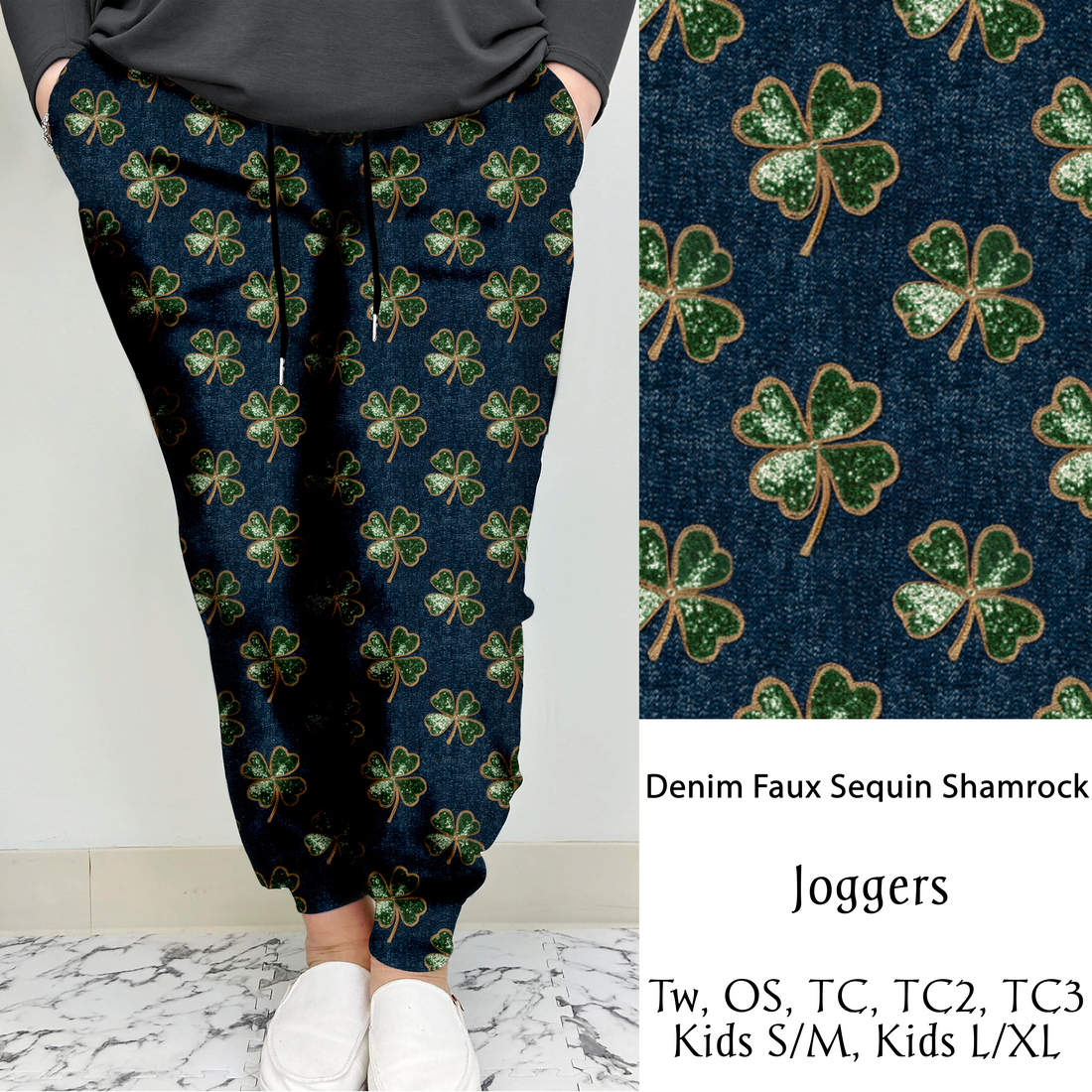 Denim Faux Sequin Shamrock | Leggings/Capri/ Joggers | Run ends 1/2 | ETA 32 Days