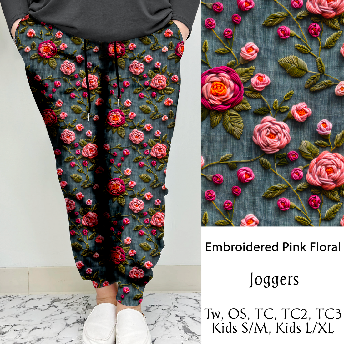 Embroidered Pink Floral | Leggings/Capri/ Joggers | Run ends 1/2 | ETA 32 Days