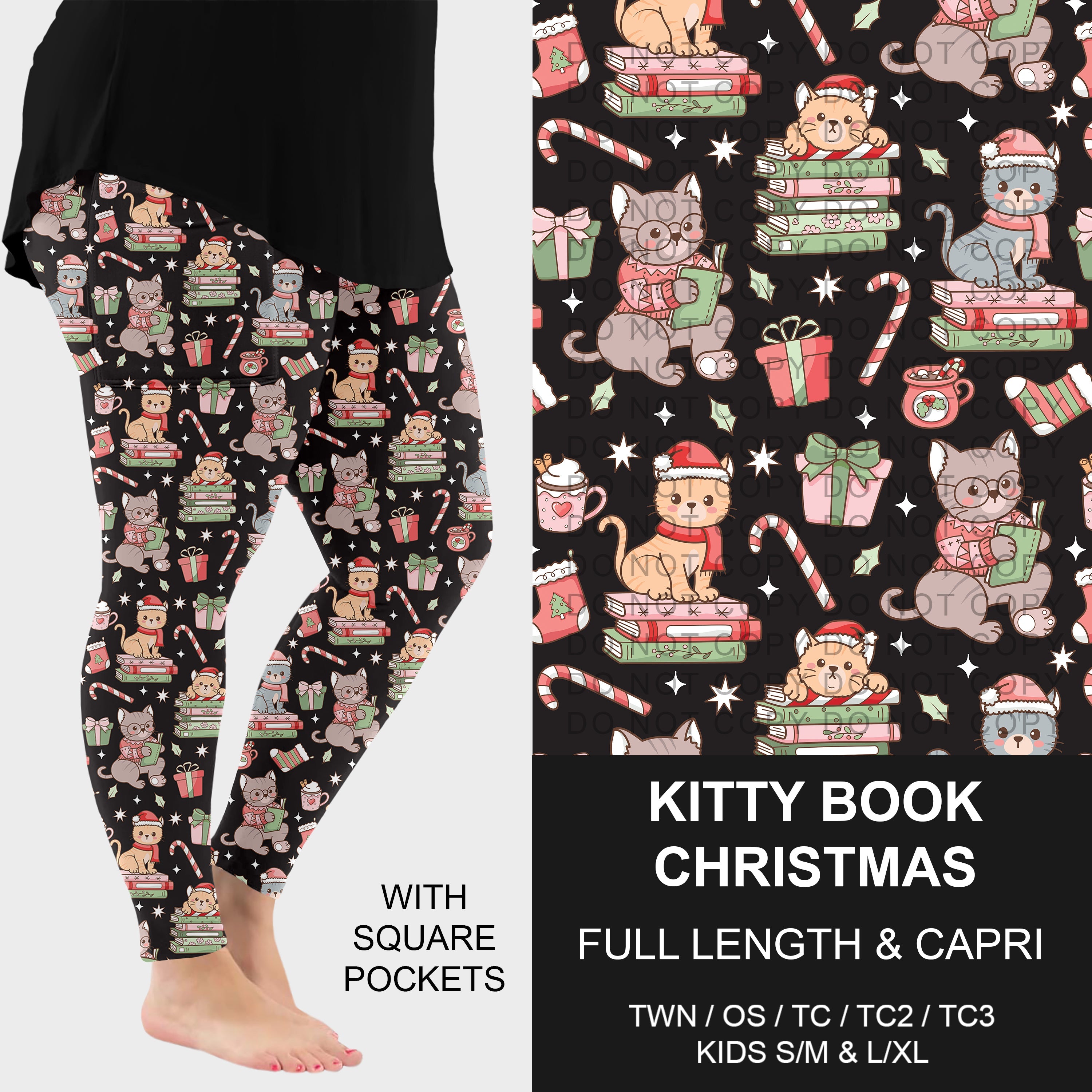 B311 - Preorder Kitty Book Christmas Leggings w/ Pockets (Closes 9/06. ETA: mid Nov.)
