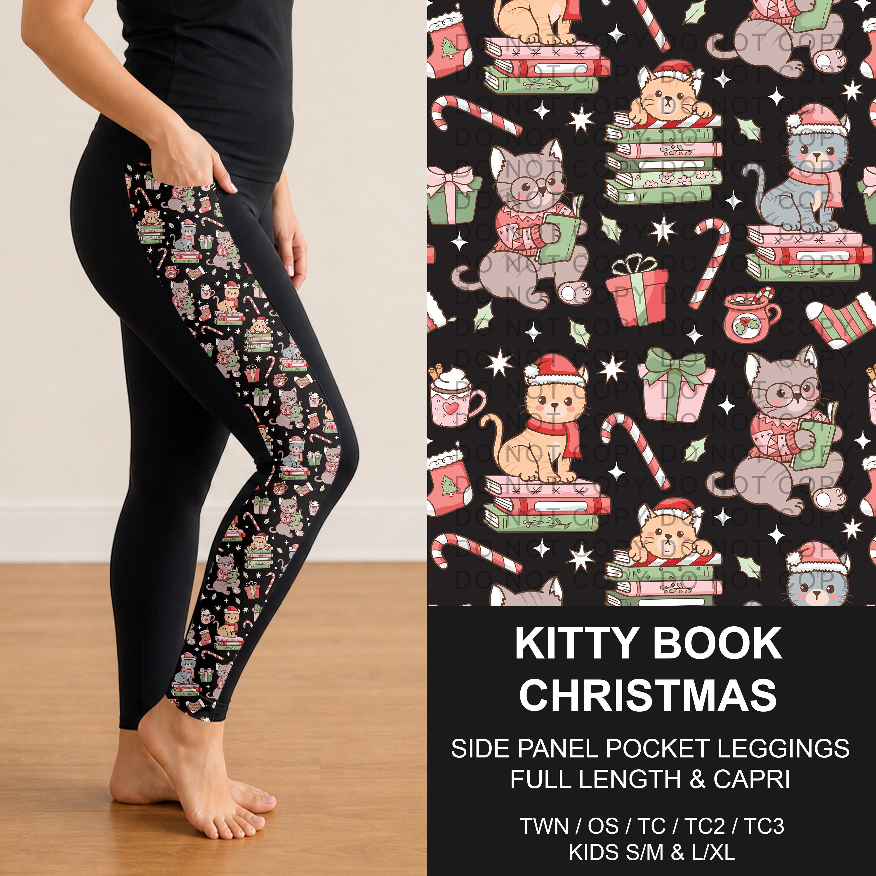 B311 - Preorder Kitty Book Christmas Side Panel Pocket Leggings (Closes 9/06. ETA: mid Nov.)