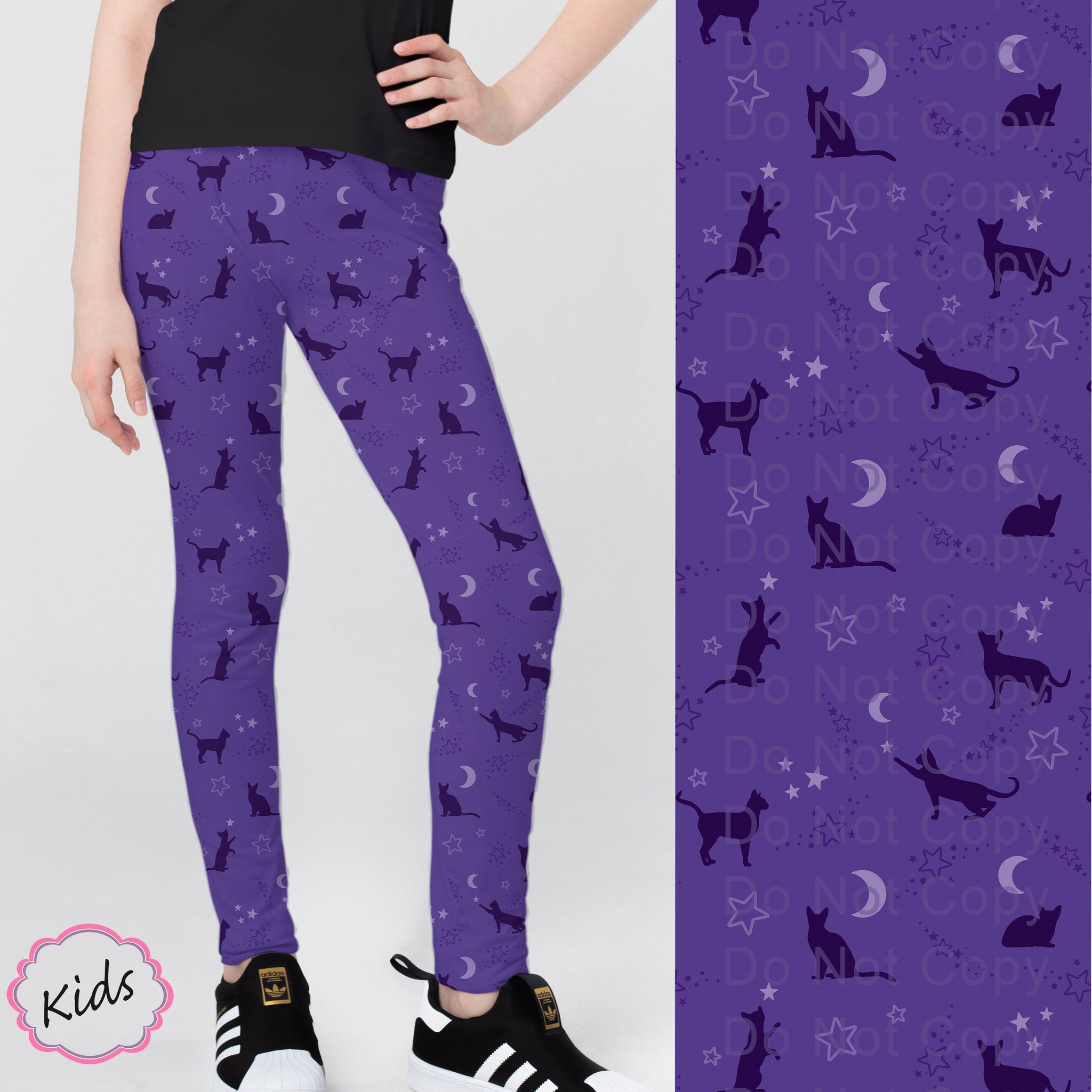 RTS - Kids Purple Star Moon Kitty Leggings w/ Pockets