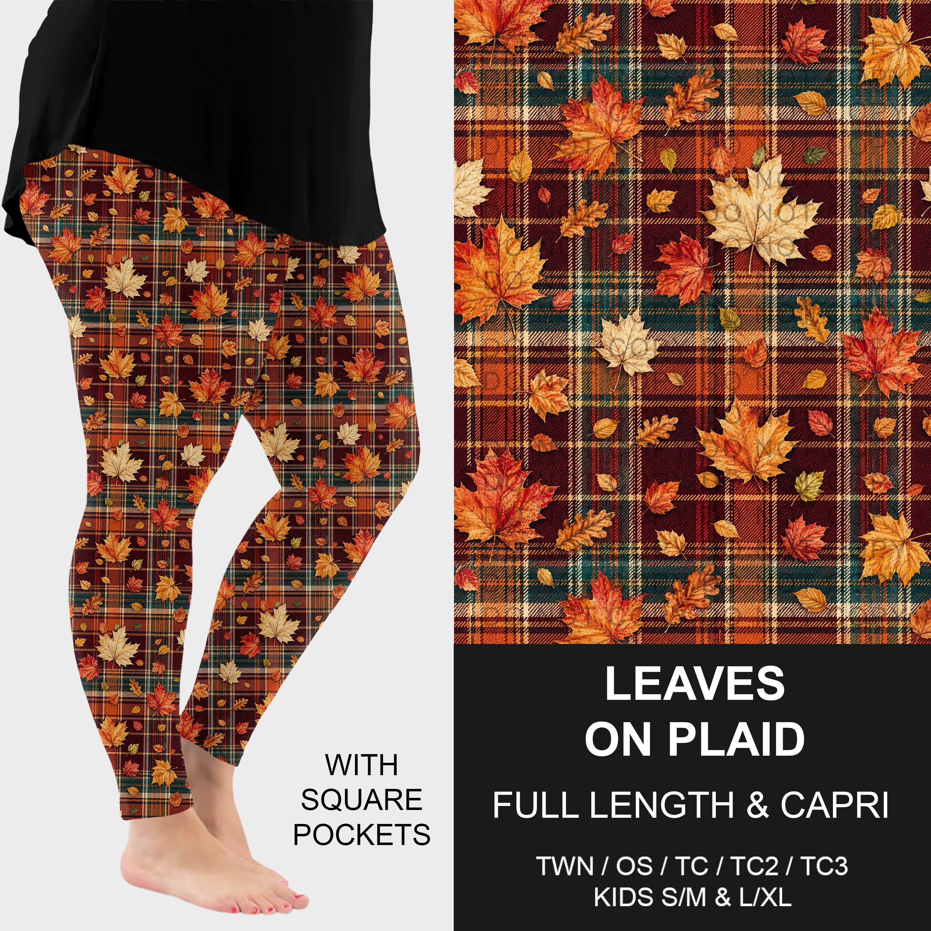B308 - Preorder Leaves on Plaid Leggings w/ Pockets (Closes 8/16. ETA: late Oct.)
