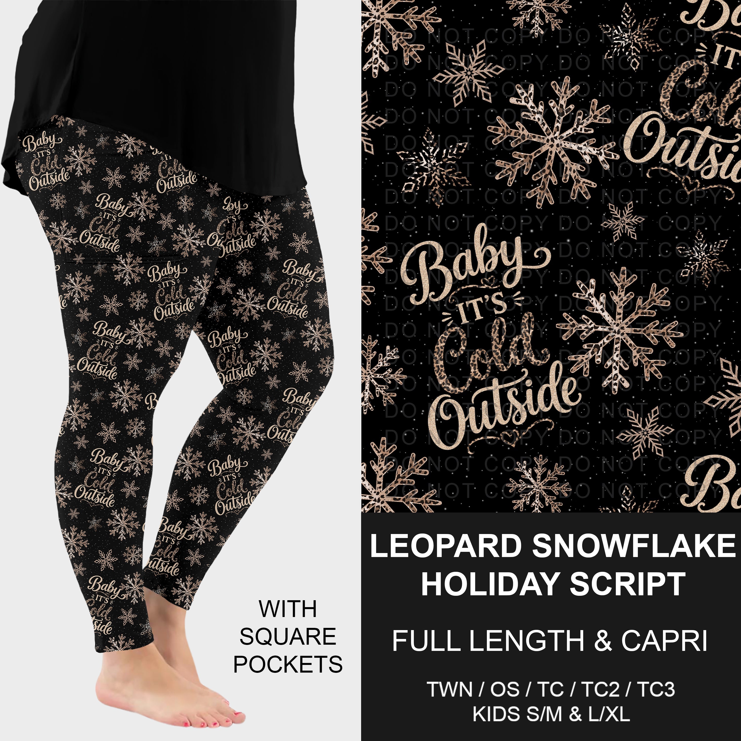 B311 - Preorder Leopard Snowflake Holiday Script Leggings w/ Pockets (Closes 9/06. ETA: mid Nov.)