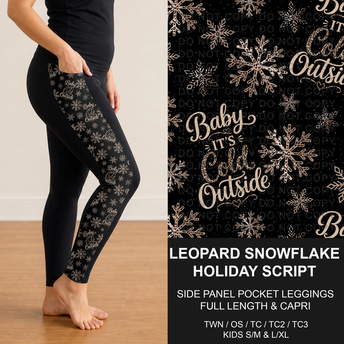 B311 - Preorder Leopard Snowflake Holiday Script Side Panel Pocket Leggings (Closes 9/06. ETA: mid Nov.)