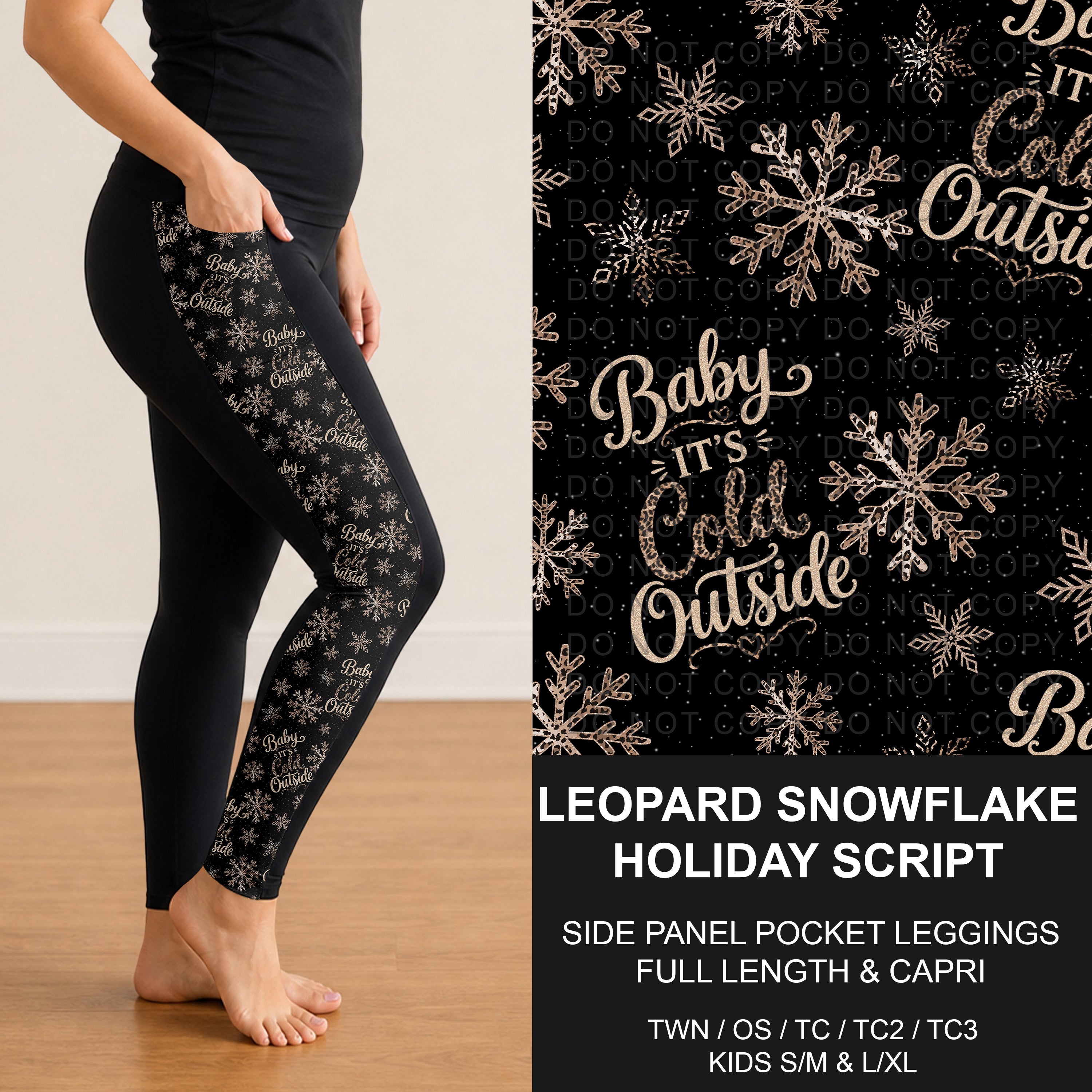 B311 - Preorder Leopard Snowflake Holiday Script Side Panel Pocket Leggings (Closes 9/06. ETA: mid Nov.)