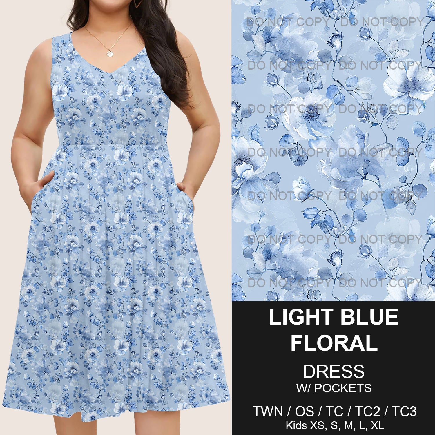 B217 - Preorder Light Blue Floral Sleeveless Pocket Dress (Closes 3/12. ETA: late May)