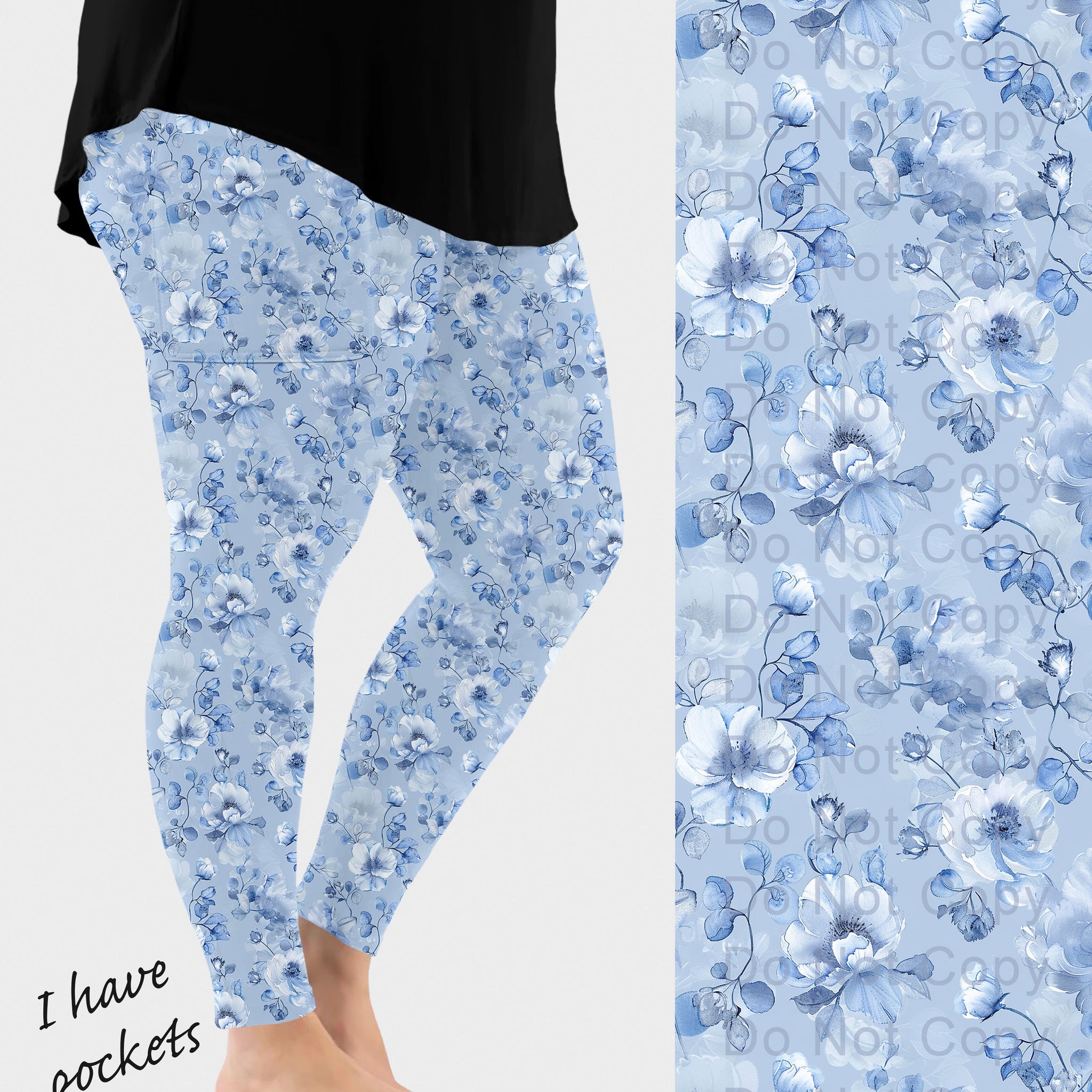 RTS - Light Blue Floral Leggings w/ Pockets